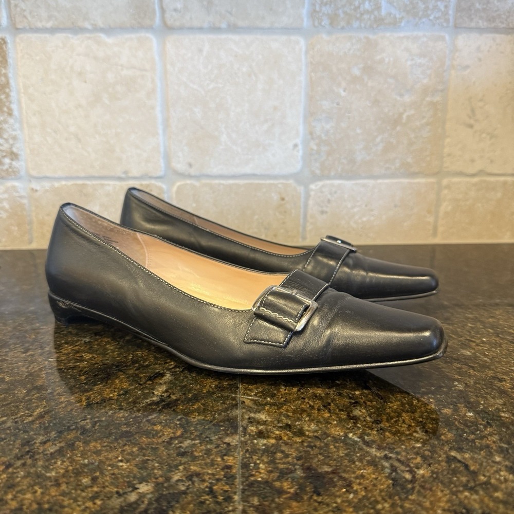 AK ANNE‎ KLEIN 7.5M Black Leather Kitten Heel Buckle Vintage Y2K